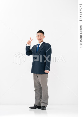 Boys, high school students, uniform, peace sign 123437971