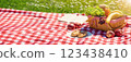 Checkered duvet lying on the fresh green grass and wicker picnic basket fresh food and drink standing on it. 123438410