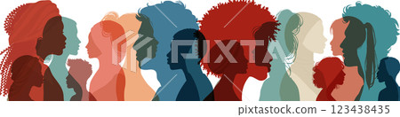 Silhouette profile group of men and women of diverse culture. Diversity equality inclusion belonging. DEIB. Crowd of multicultural people 123438435