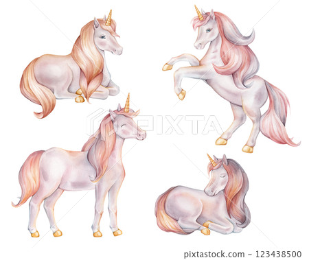 Set of hand drawn watercolor illustration of the Unicorns. Cute rainbow colors horse for Baby shower invitations or nursery wall art. Pastel Fantasy pony for kids greeting cards. 123438500