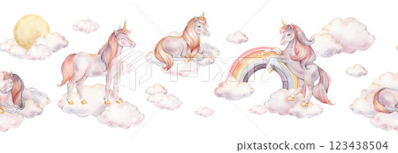 Seamless border with Unicorns and clouds. Hand drawn Illustrations of background for nursery wallpaper, baby textiles or children paper. Pastel Fantasy pattern pony with moon or sun and rainbow. 123438504