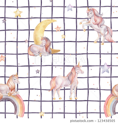Seamless watercolor pattern with Unicorn and multicolored stars on isolated checkered background. Hand drawn Illustrations of background for baby textiles. Pastel colors pony with rainbow and moon 123438505