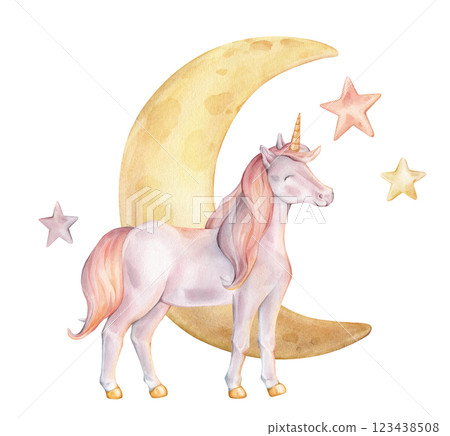 Hand drawn watercolor illustration of the Unicorn with moon and stars. Cute rainbow colors horse for Baby shower invitations or nursery wall art. Pastel Fantasy pony for kids greeting cards. Hand drawn watercolor illustration of the Unicorn with moon and stars. Cute rainbow colors horse for Baby shower invitations or nursery wall art. Pastel Fantasy pony for kids greeting cards. 123438508