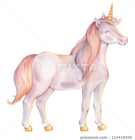 Hand drawn watercolor illustration of the Unicorn. Cute rainbow colors horse for Baby shower invitations or nursery wall art. Pastel Fantasy pony for kids greeting cards. Hand drawn watercolor illustration of the Unicorn. Cute rainbow colors horse for Baby shower invitations or nursery wall art. Pastel Fantasy pony for kids greeting cards. 123438509