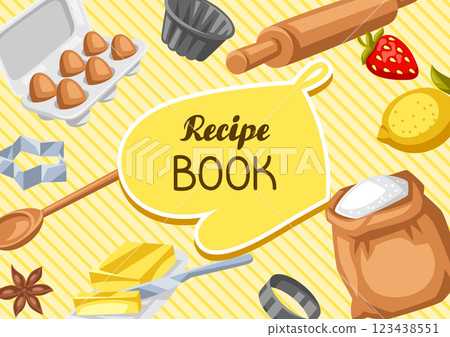 Cookbook of recipes. Background with bakery utensils. 123438551