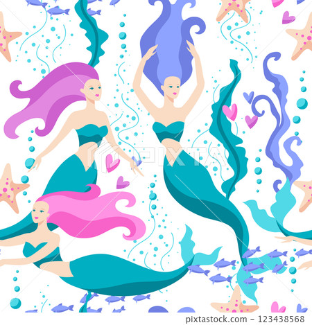 Seamless pattern with mermaids. Image of underwater wonders or fabulous creations. 123438568