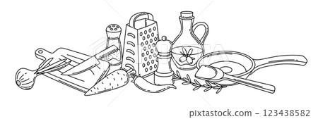 Background with kitchen utensils. Cooking tools for home and recipe items. 123438582