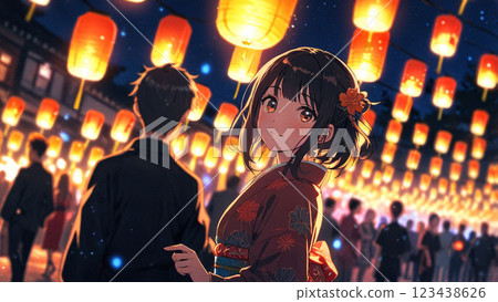 夜間在神社祈禱的女性 123438626