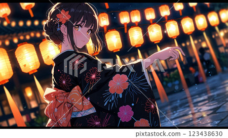 A woman praying at a shrine at night 123438630