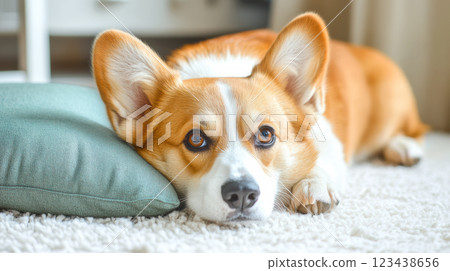 Corgi dog looking at this in the living room 123438656