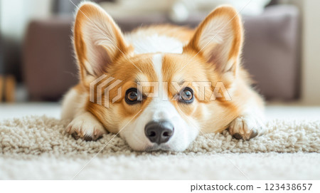 Corgi dog looking at this in the living room 123438657