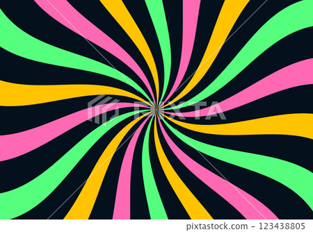 Dynamic abstract design of wavy colored stripes on a dark background forming curved waves with a comic book style spinning effect. Dynamic abstract design of wavy colored stripes on a dark background forming curved waves with a comic book style spinning effect. 123438805