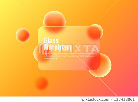 Rectangular transparent frame with spheres, glass overlay effect on gradient spheres. Abstract background in glass morphism style. 123438861