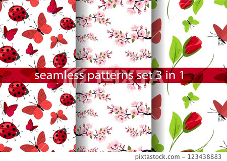 Colorful seamless pattern collection featuring butterflies, ladybugs, and floral designs for vibrant textile and wallpaper projects 123438883