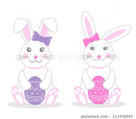 Bunny rabbits holding colorful Easter eggs in a cheerful vector illustration for spring celebrations Bunny rabbits holding colorful Easter eggs in a cheerful vector illustration for spring celebrations 123438893