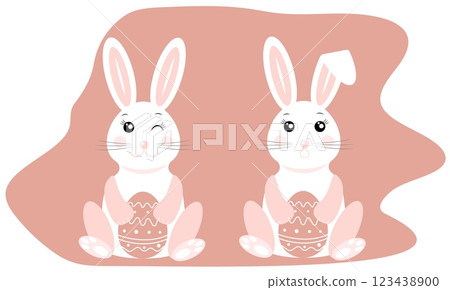 Colorful vector illustration of Easter bunnies with eggs celebrating the holiday in a cheerful and playful style 123438900