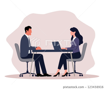 Professional job interview illustration featuring a man and woman in a formal office setting. Perfect for career, recruitment, HR, business, and corporate concepts 123438916