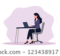 Professional businesswoman working on a laptop in a modern office setting. Ideal for concepts of remote work, productivity, career growth, and corporate success 123438917