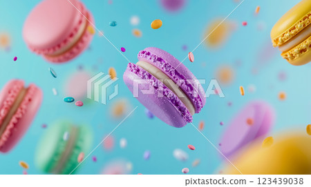 A bunch of colorful macarons flying through the air A bunch of colorful macarons flying through the air 123439038