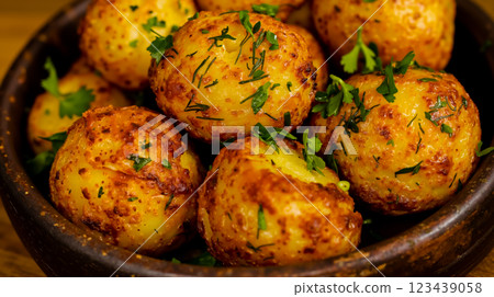 A bowl full of cooked potatoes with parsley on top 123439058
