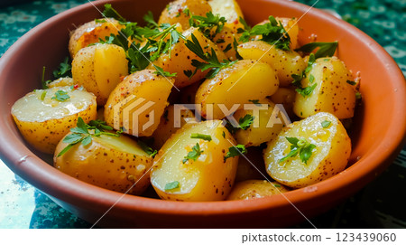 A bowl of cooked potatoes with parsley in it A bowl of cooked potatoes with parsley in it 123439060