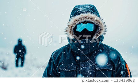 A person wearing a jacket and goggles in the snow 123439068