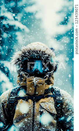 A person wearing a jacket and goggles in the snow 123439071