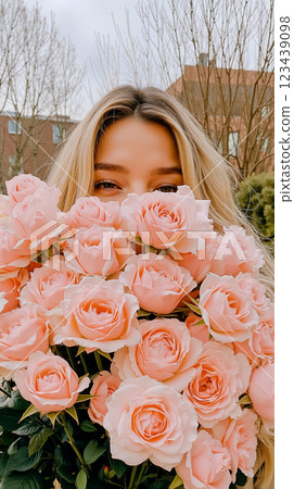 A woman holding a bouquet of pink roses in front of her face 123439098