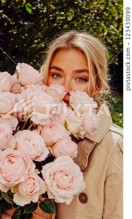 A woman holding a bouquet of pink roses in front of her face 123439099