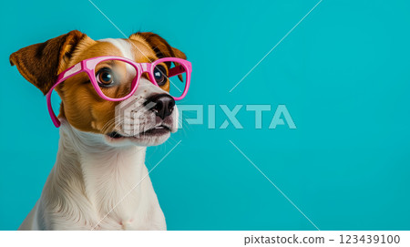 A dog wearing pink glasses on a blue background 123439100