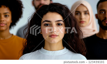 A group of people standing in a line looking at the camera 123439101