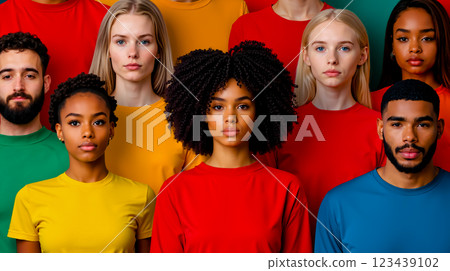 A group of people in colorful t-shirts standing in a row 123439102