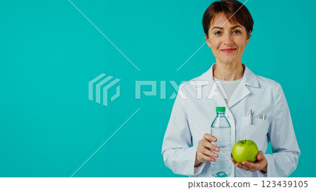 A woman in a lab coat holding an apple and a bottle of water A woman in a lab coat holding an apple and a bottle of water 123439105