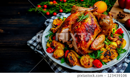 A roasted turkey on a platter with potatoes and tomatoes A roasted turkey on a platter with potatoes and tomatoes 123439106