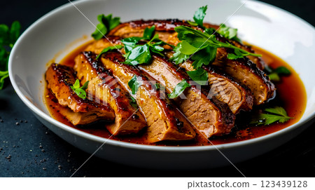 A white plate topped with sliced meat covered in sauce 123439128