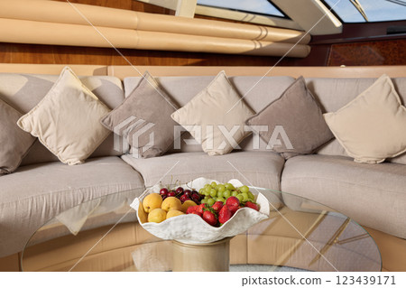 An Elegant Lounge Decorated with Plush Cushions and a Beautiful Fresh Fruit Arrangement 123439171