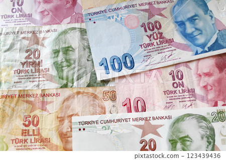 Stack of Turkish lira banknotes 123439436