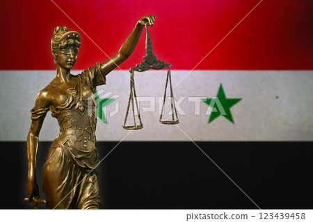 Lady Justice before a flag of Syria Lady Justice before a flag of Syria 123439458