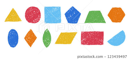 Set of colorful geometric figures in hand drawn childish style. Charcoal or crayon textured shapes. Vector illustration isolated on a white background. 123439497