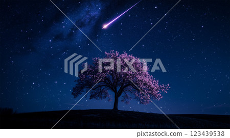 櫻花與流星的剪影 - 櫻花和星星漂浮在黑暗中... 123439538