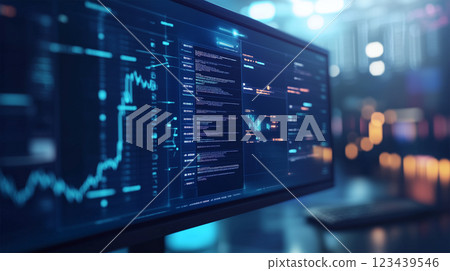 Blockchain displayed on a computer monitor. 123439546