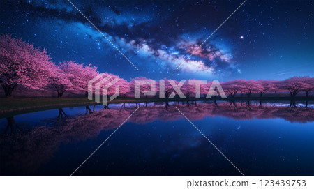 櫻花樹和星空的倒影－在寧靜的湖面上… 123439753