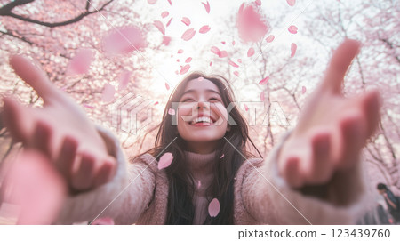 A selfie capturing the moment of cherry blossom petals – .. 123439760