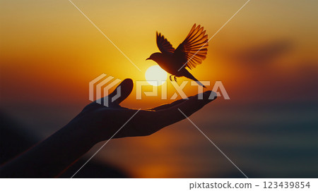 Silhouette of a hand and a bird flying into the sunset sky Silhouette of a hand and a bird flying into the sunset sky 123439854