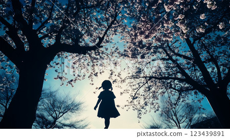 櫻花樹和藍天映襯下的小學生剪影 123439891