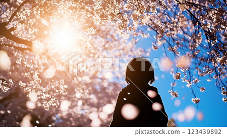 櫻花樹和藍天映襯下的小學生剪影 123439892