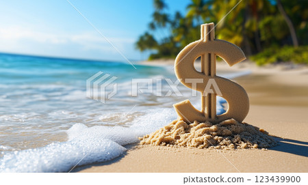 海灘上的金色美元符號 — — 財務自由與奢華。 海灘上的金色美元符號 — — 財務自由與奢華。 123439900