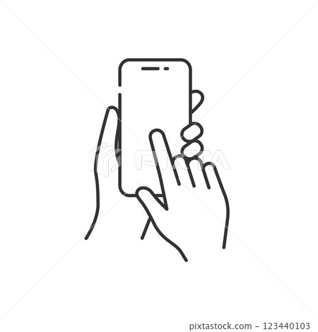 女人的手拿著智慧型手機操作圖示(線條畫,黑白) 女人的手拿著智慧型手機操作圖示(線條畫,黑白) 123440103