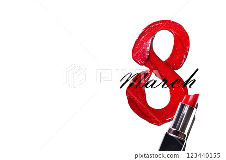 Red eight-shaped lipstick with lipstick banner on a white background. Red lipstick glossy texture in 8 eight shape. 8 march happy international woman day copy space banner, poster photo Red eight-shaped lipstick with lipstick banner on a white background. Red lipstick glossy texture in 8 eight shape. 8 march happy international woman day copy space banner, poster photo 123440155