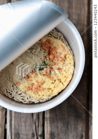Tempura soba instant noodles before adding hot water Tempura soba instant noodles before adding hot water 123440243